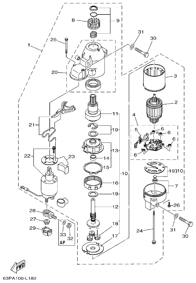 Yamaha F150FET, FL150FET STARTING MOTOR parts diagram